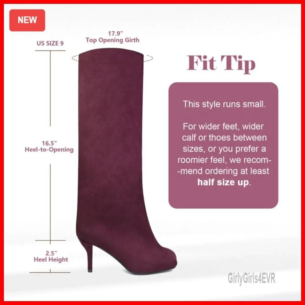 Wide Calf Knee High Suede Boots Square Toe Slouchy Fashion Booties